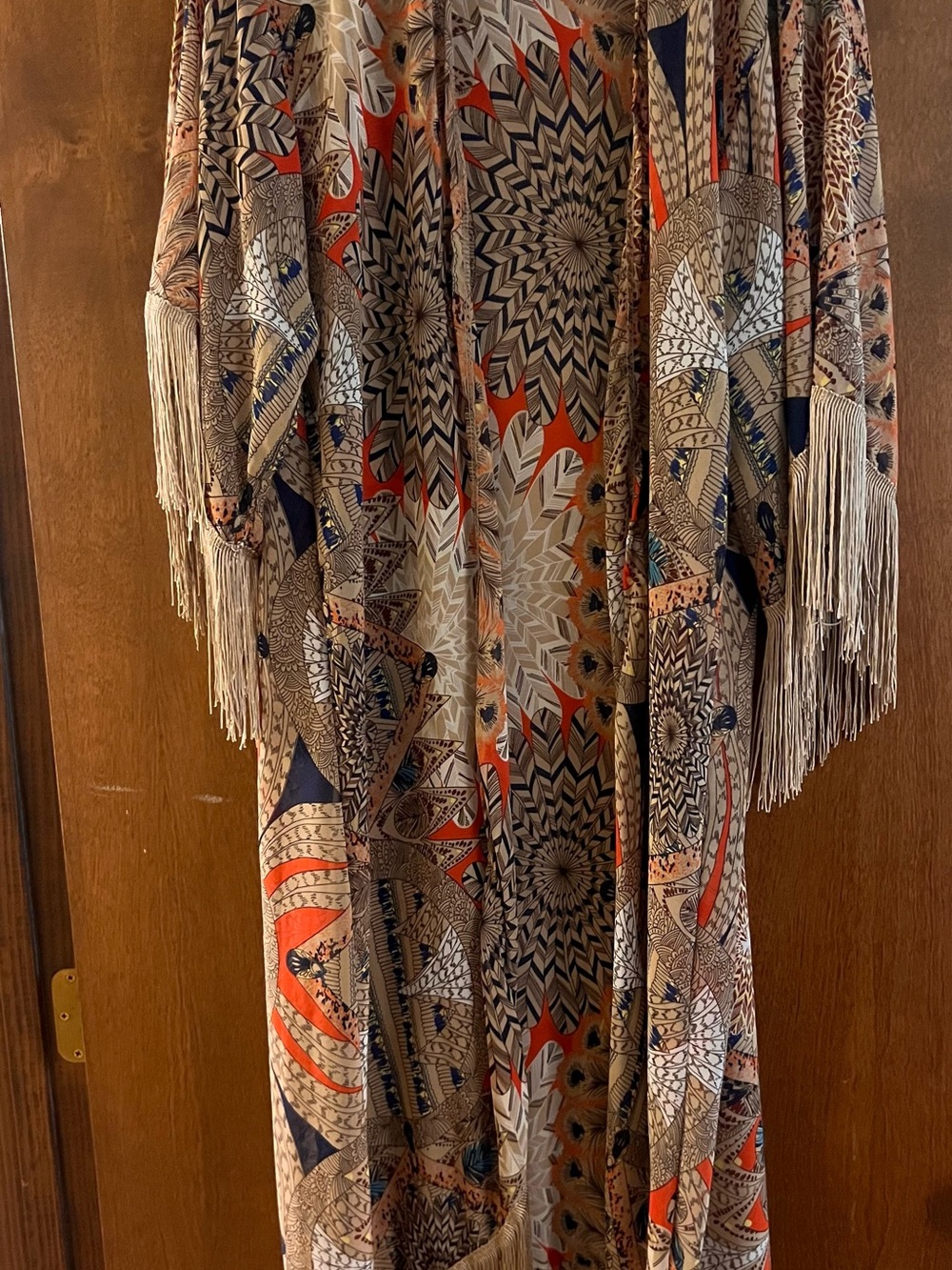 Bohemian Printed Fringe Kimono Jacket in Tan & Orange